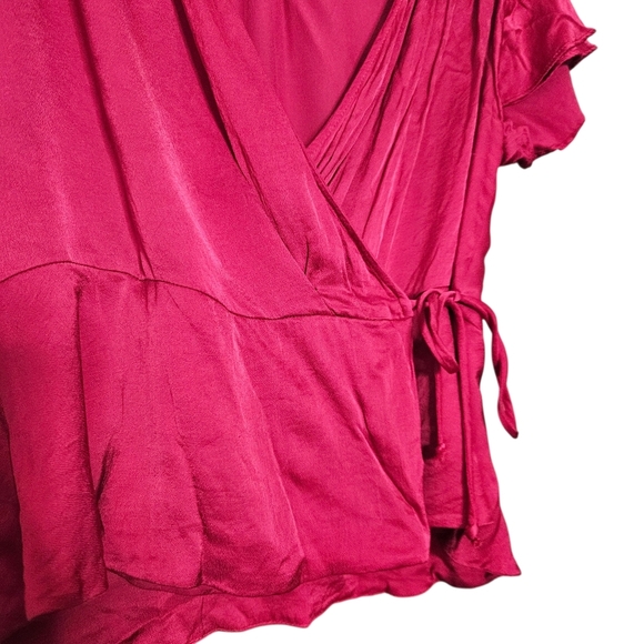 Zara Woman Red Satin Effect Wrap Ruffle Sleeve Top Blouse size Large - Picture 5 of 11